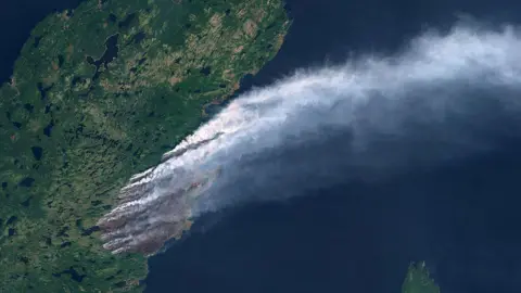Gallo Images/Orbital Horizon/Copernicus Sentinel Data 2025 Satellite view of the Kingston Fire shows a thick smoke plume rising over Conception Bay North in Newfoundland and Labrador, Canada, where the province’s largest wildfire has triggered evacuations and air quality warnings. 
