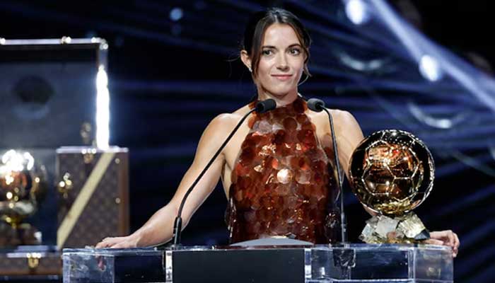 FC Barcelonas Aitana Bonmati makes a speech after winning the womens Ballon dOr award, September 22, 2025. – Reuters