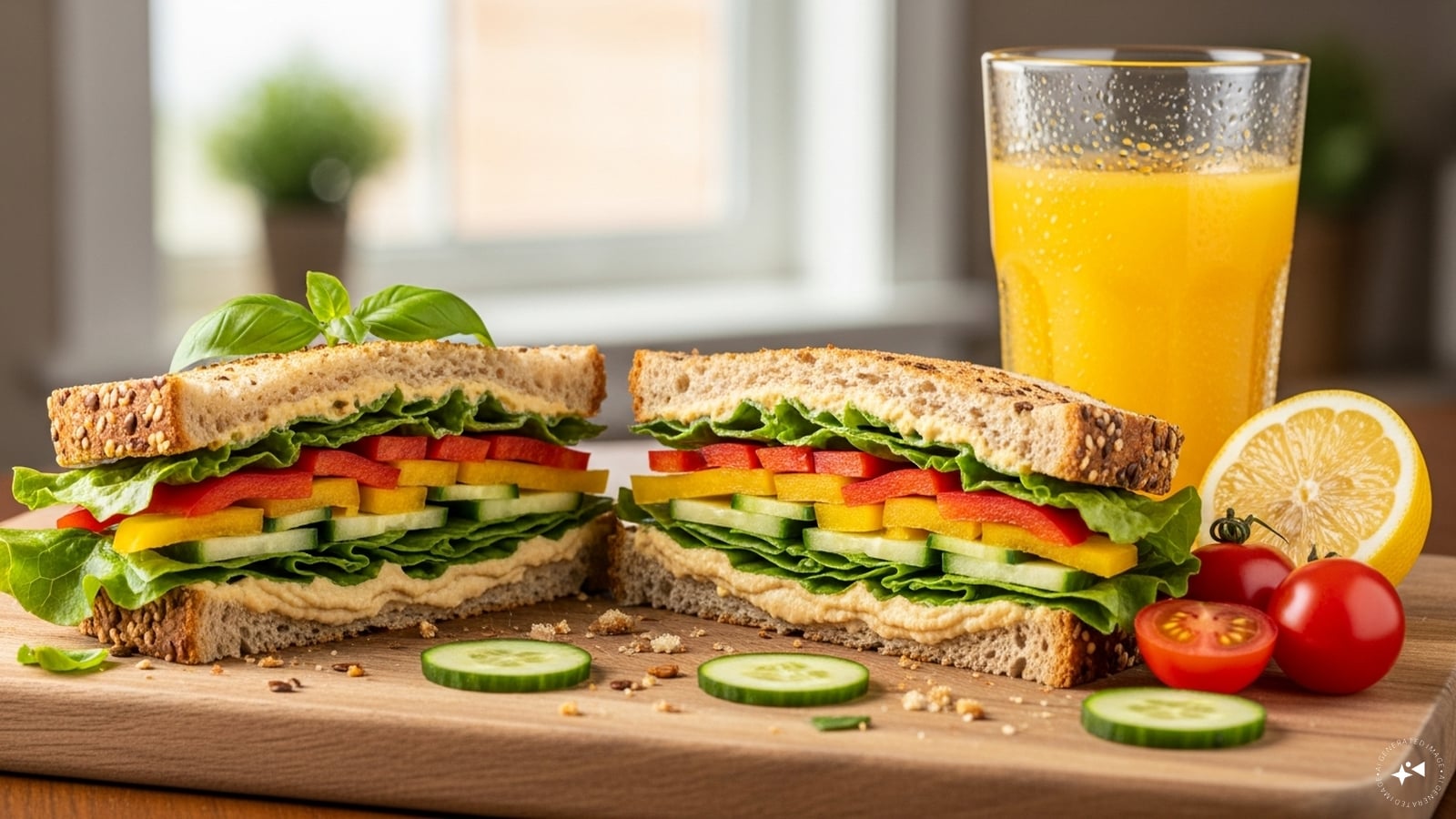  Veggie Hummus Sandwich: Hummus, cucumber, bell peppers, and leafy greens between multigrain bread. A plant-based, refreshing, and filling option that’s perfect for health-conscious individuals on busy mornings.