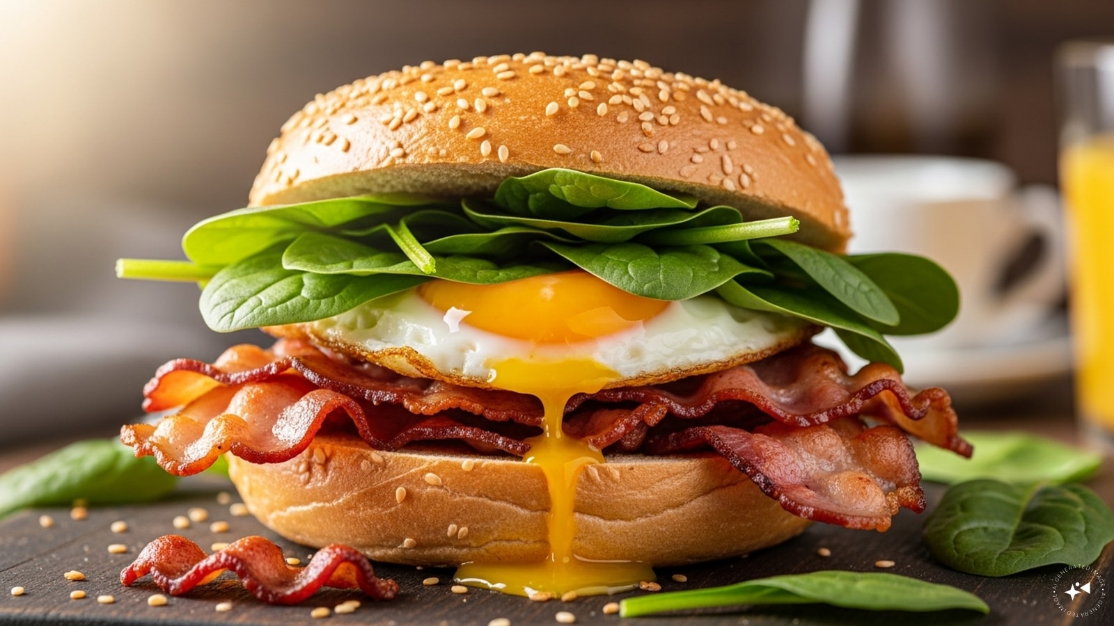 Bacon, Egg, and Spinach Bagel: Crispy bacon, fried egg, and fresh spinach layered on a toasted bagel. A savoury, protein-rich breakfast that combines indulgence and nutrition for a satisfying start to the day.