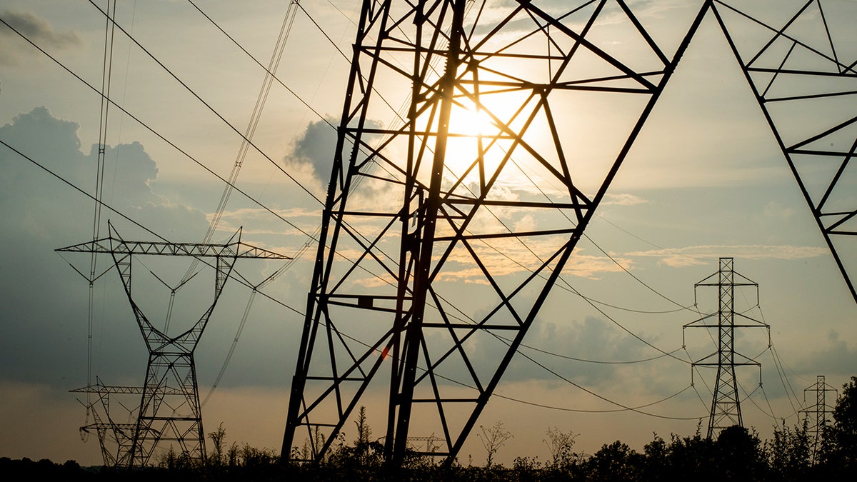 Electricity towers and power lines stand in front of the sky